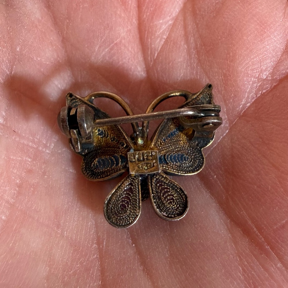 Antique 800 silver deco Filagree blue plique-a-jour Enamel tiny Butterfly brooch - Picture 7 of 17